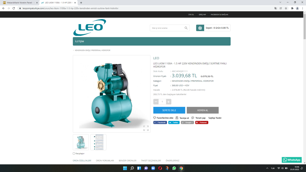 LEO LKSM 1100A - 1.5 HP 220V KENDİNDEN EMİŞLİ SÜRTME FANLI HİDROFOR
